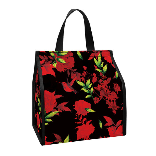 Black And Red Roses Floral Print Insulated Lunch Tote