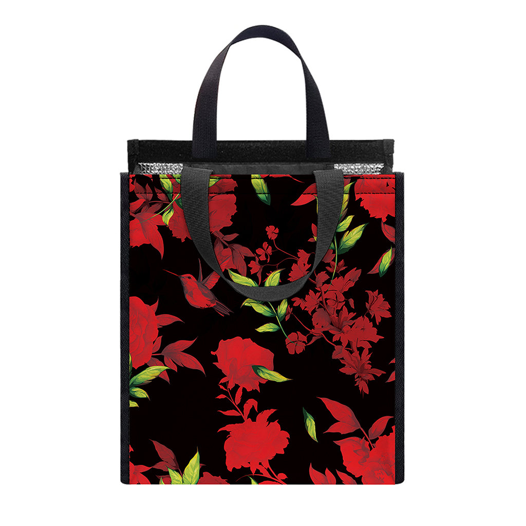 Black And Red Roses Floral Print Insulated Lunch Tote