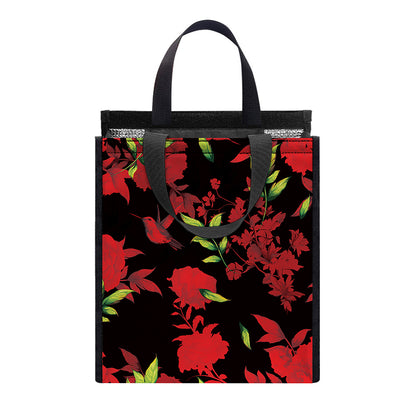 Black And Red Roses Floral Print Insulated Lunch Tote
