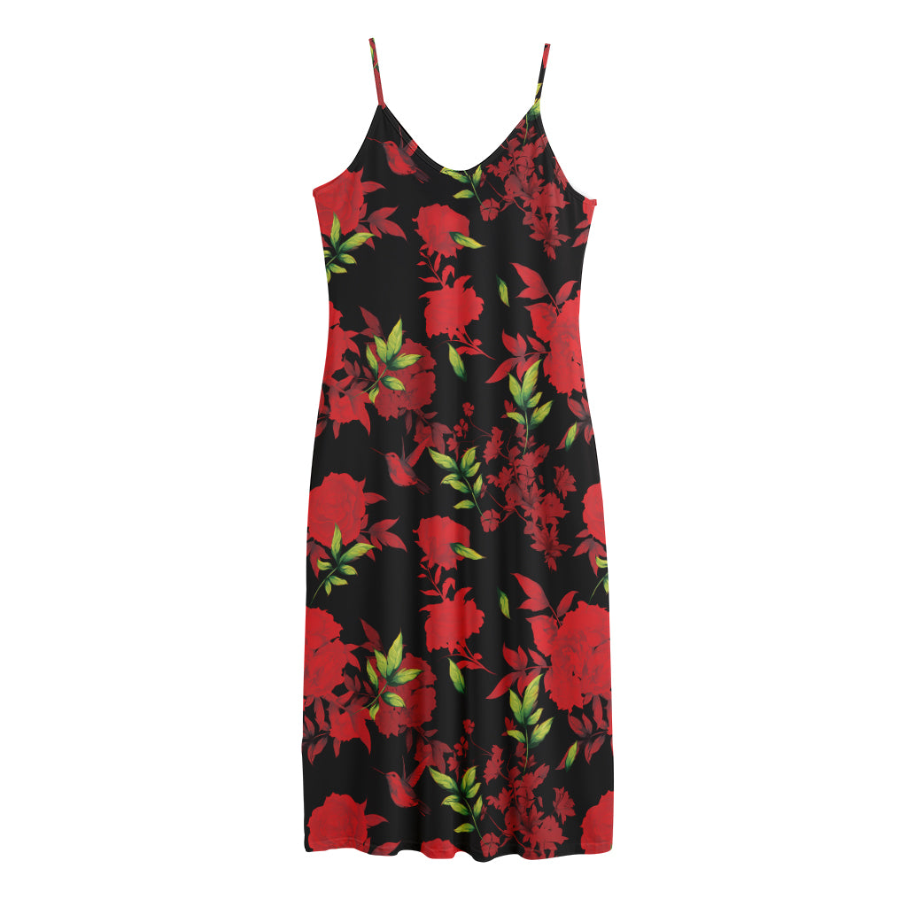 Black And Red Roses Floral Print Jersey Midi Cami Dress