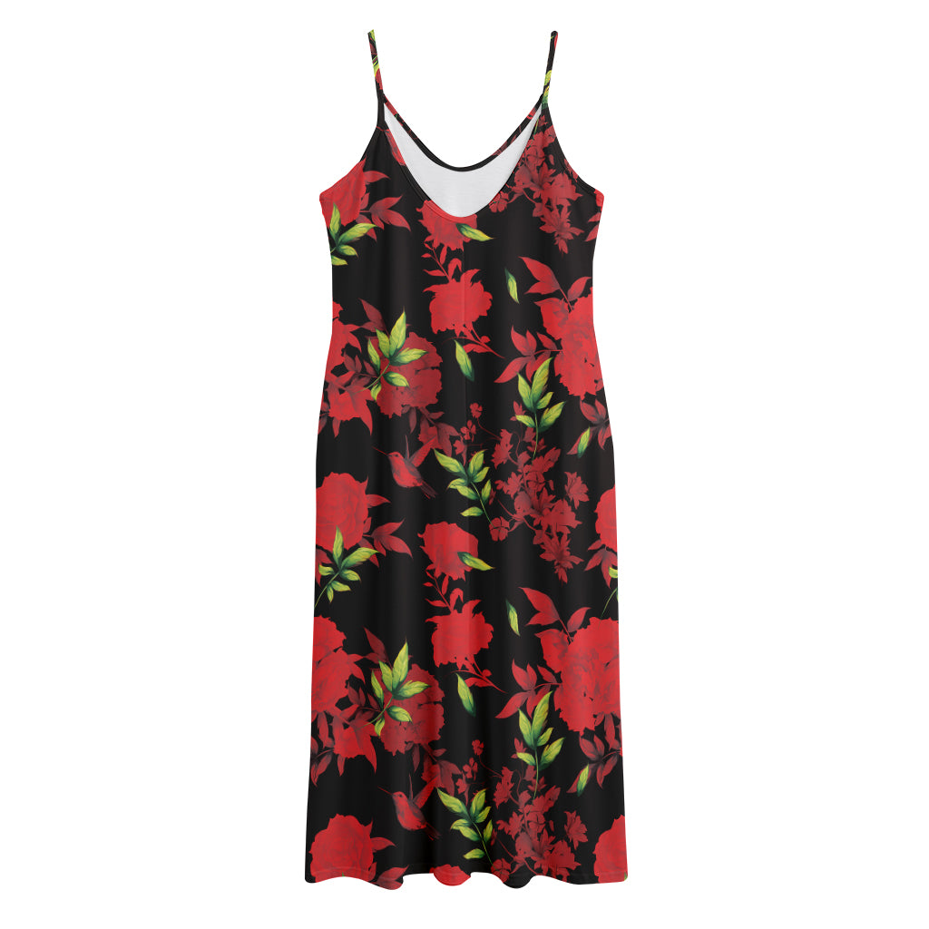 Black And Red Roses Floral Print Jersey Midi Cami Dress