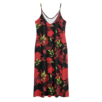 Black And Red Roses Floral Print Jersey Midi Cami Dress