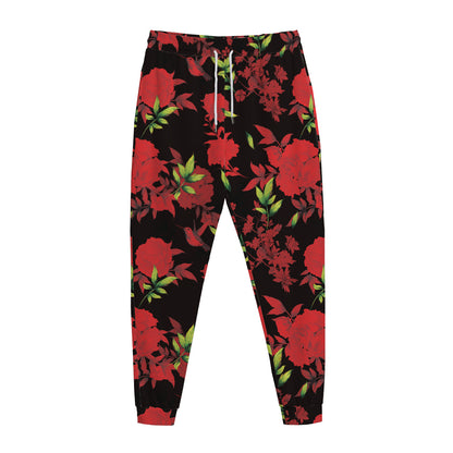 Black And Red Roses Floral Print Jogger Pants