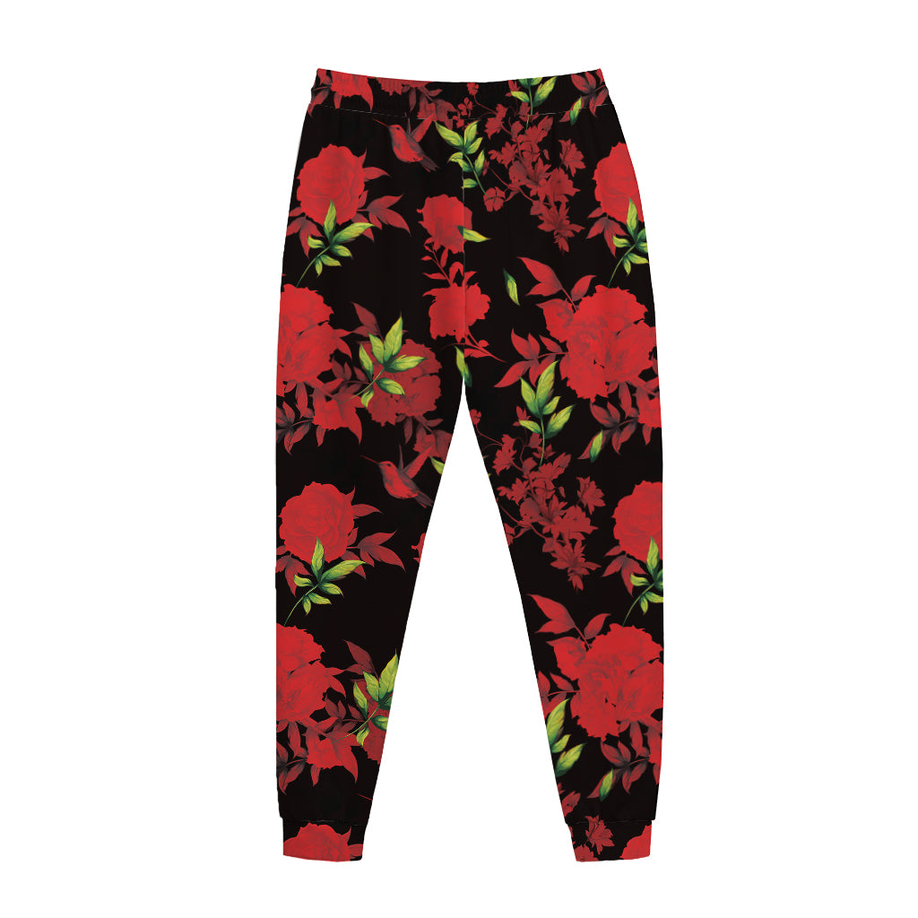 Black And Red Roses Floral Print Jogger Pants