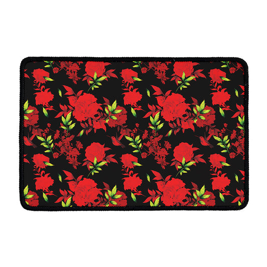 Black And Red Roses Floral Print Kitchen Mat