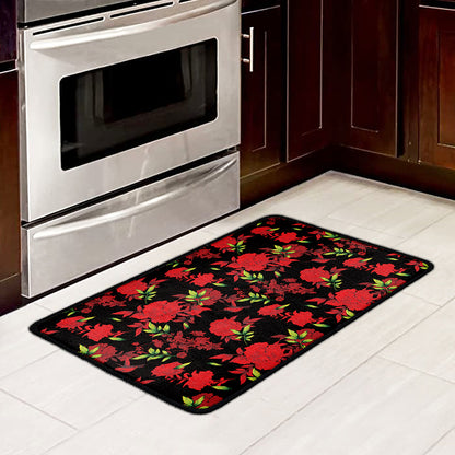 Black And Red Roses Floral Print Kitchen Mat