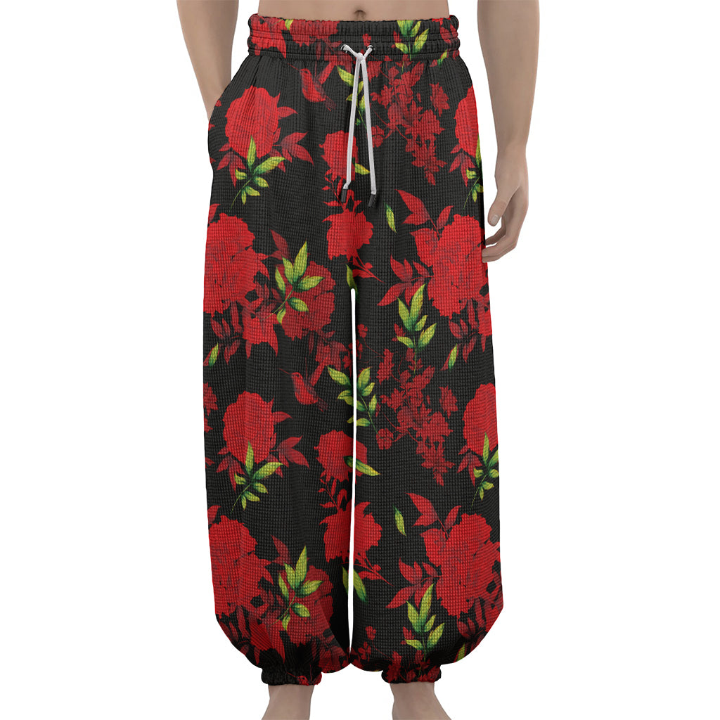 Black And Red Roses Floral Print Lantern Pants