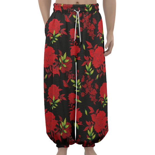 Black And Red Roses Floral Print Lantern Pants