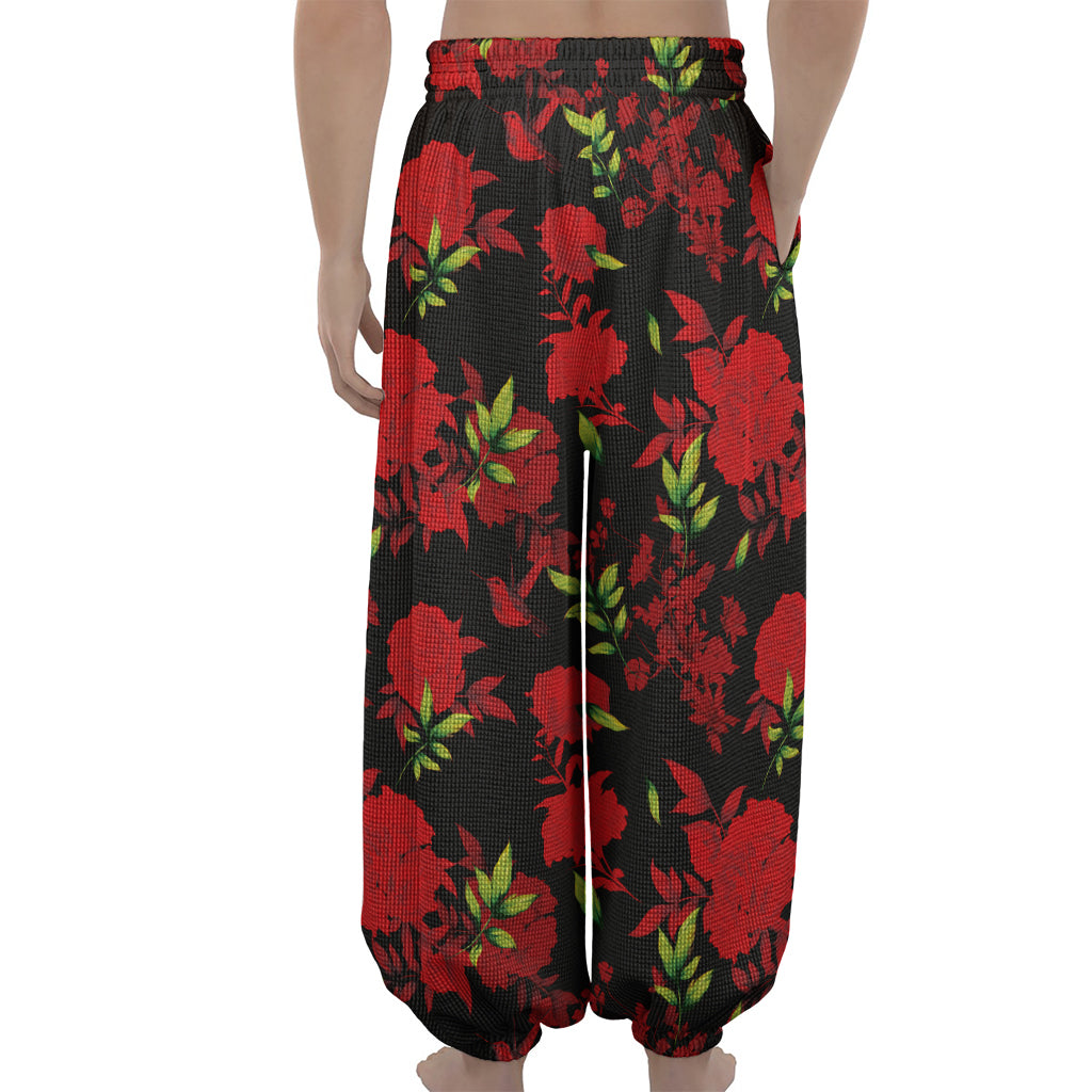 Black And Red Roses Floral Print Lantern Pants