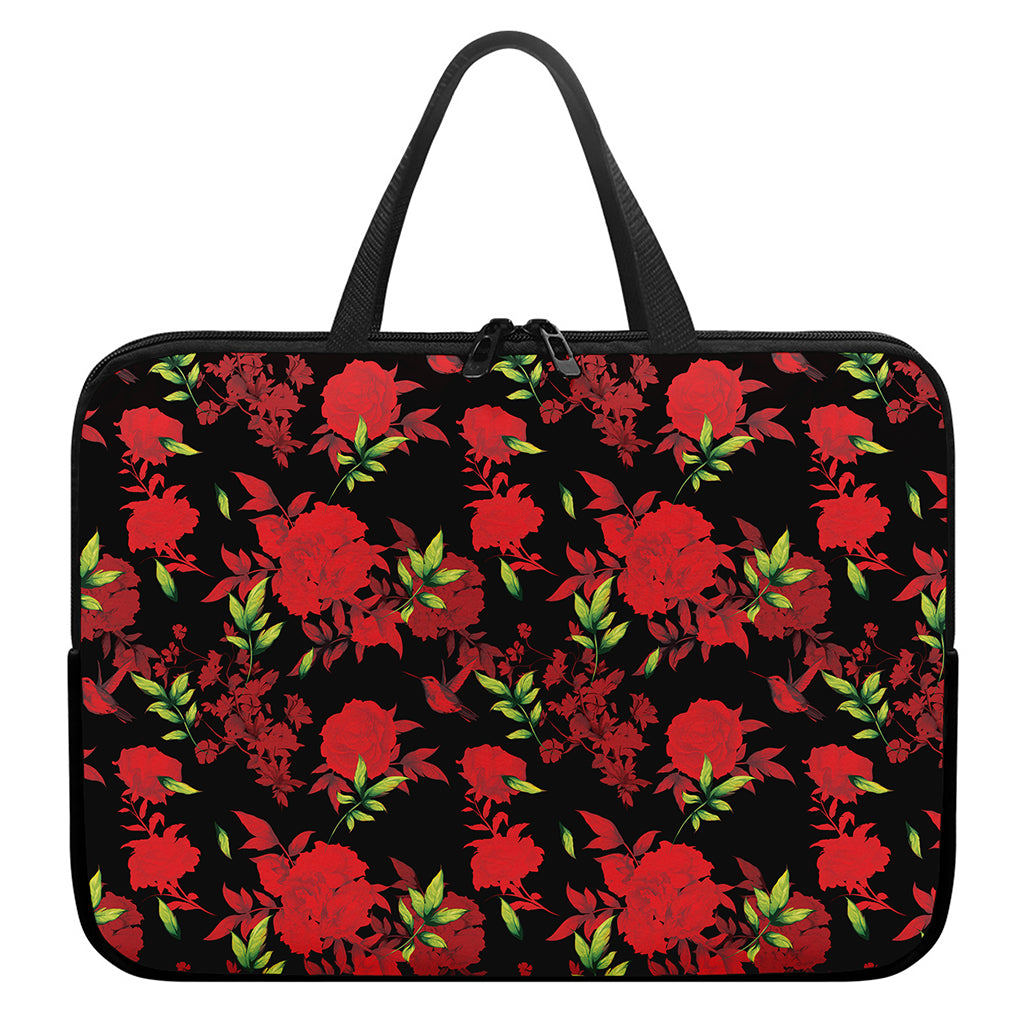 Black And Red Roses Floral Print Laptop Sleeve With Handle