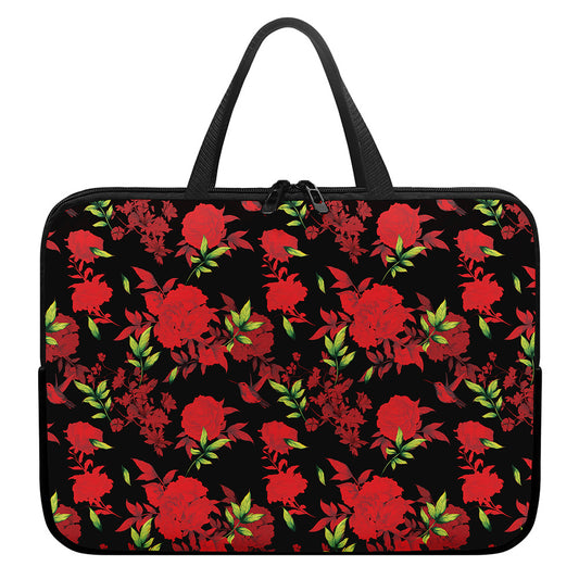 Black And Red Roses Floral Print Laptop Sleeve With Handle