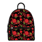 Black And Red Roses Floral Print Leather Backpack