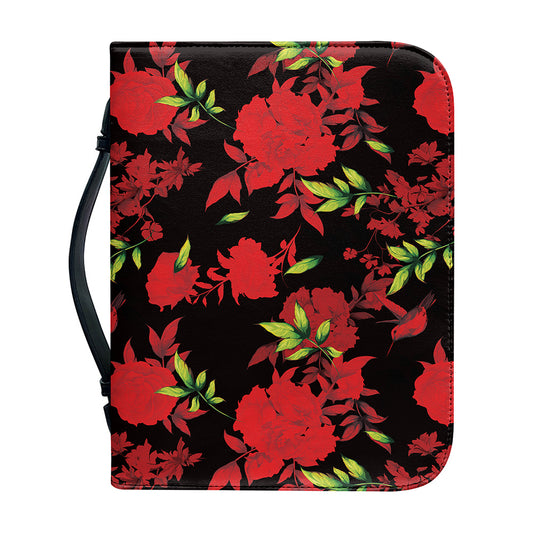 Black And Red Roses Floral Print Leather Bible Cover