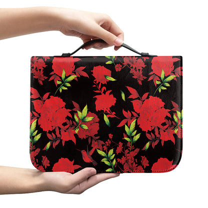 Black And Red Roses Floral Print Leather Bible Cover