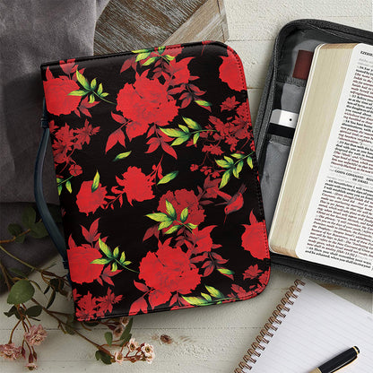 Black And Red Roses Floral Print Leather Bible Cover