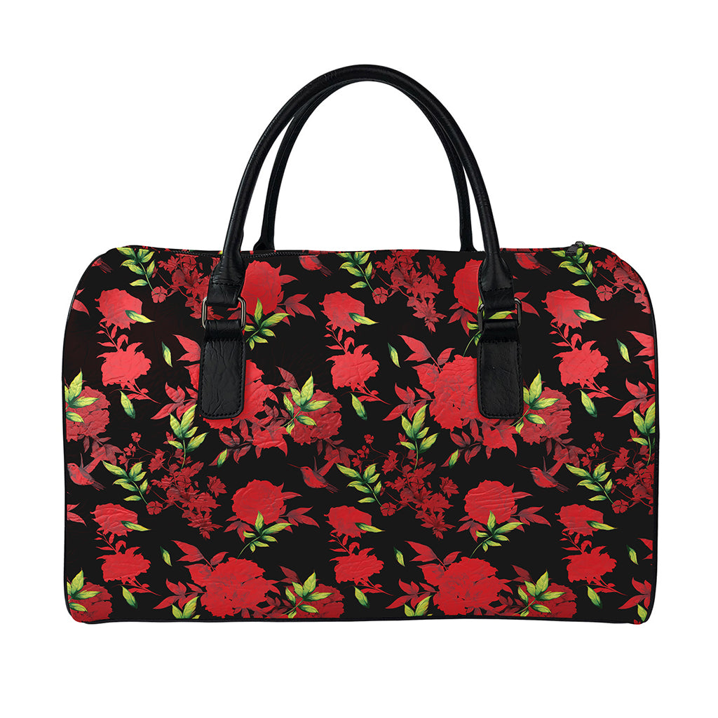 Black And Red Roses Floral Print Leather Duffle Bag