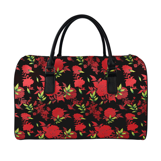 Black And Red Roses Floral Print Leather Duffle Bag