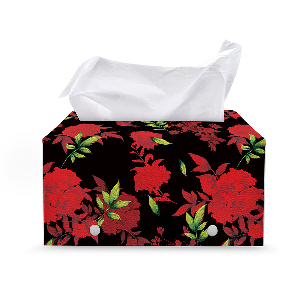 Black And Red Roses Floral Print Leather Tissue Box Cover