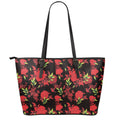Black And Red Roses Floral Print Leather Tote Bag With Zipper