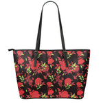 Black And Red Roses Floral Print Leather Tote Bag