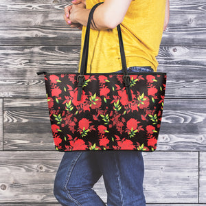 Black And Red Roses Floral Print Leather Tote Bag