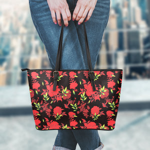 Black And Red Roses Floral Print Leather Tote Bag