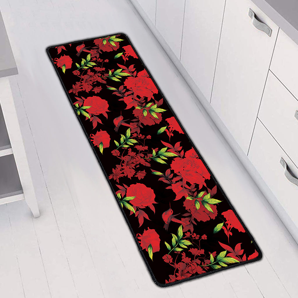 Black And Red Roses Floral Print Long Kitchen Mat