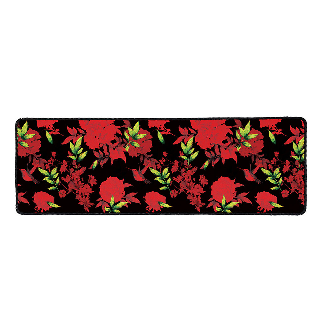 Black And Red Roses Floral Print Long Kitchen Mat