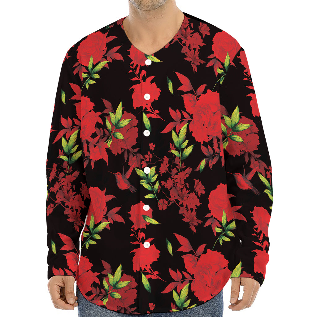 Black And Red Roses Floral Print Long Sleeve Baseball Jersey