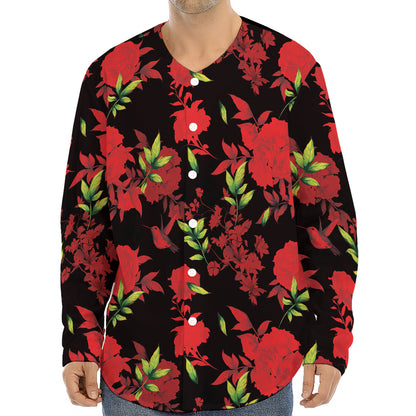 Black And Red Roses Floral Print Long Sleeve Baseball Jersey