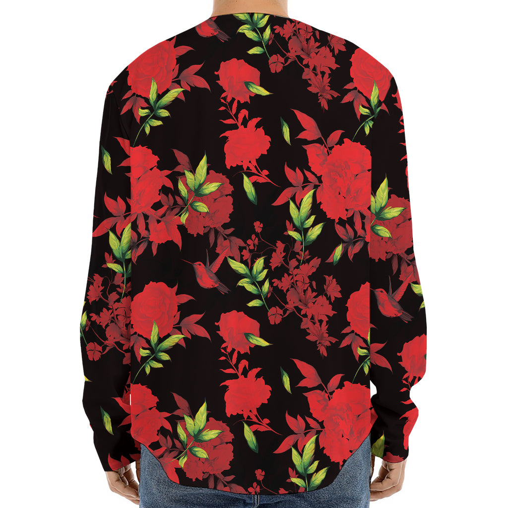 Black And Red Roses Floral Print Long Sleeve Baseball Jersey