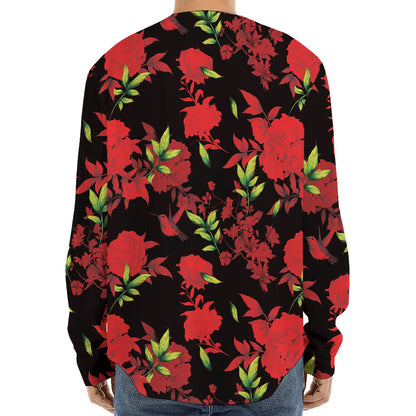 Black And Red Roses Floral Print Long Sleeve Baseball Jersey