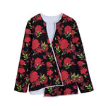 Black And Red Roses Floral Print Long Sleeve Short Coat