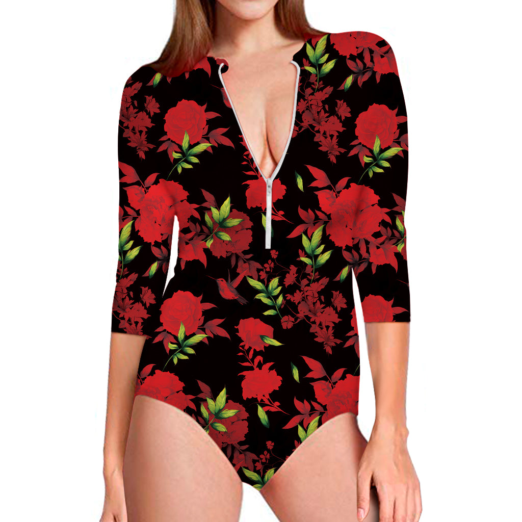 Black And Red Roses Floral Print Long Sleeve Swimsuit