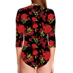 Black And Red Roses Floral Print Long Sleeve Swimsuit