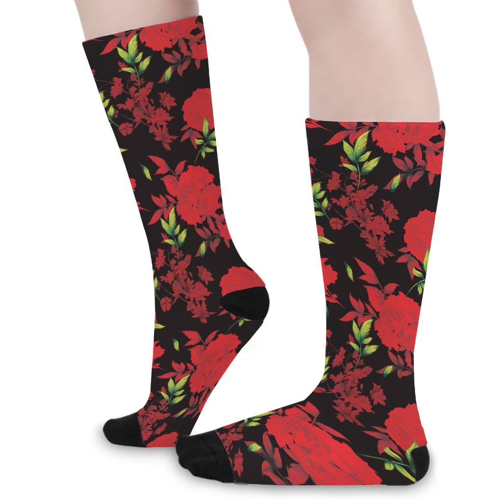 Black And Red Roses Floral Print Long Socks