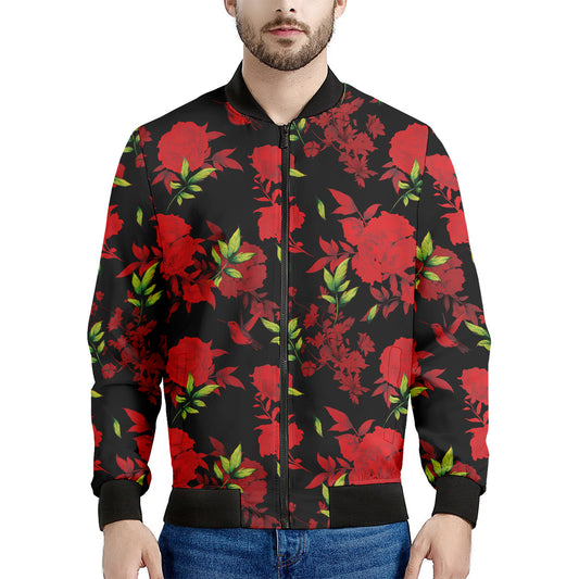 Black And Red Roses Floral Print Men's Bomber Jacket