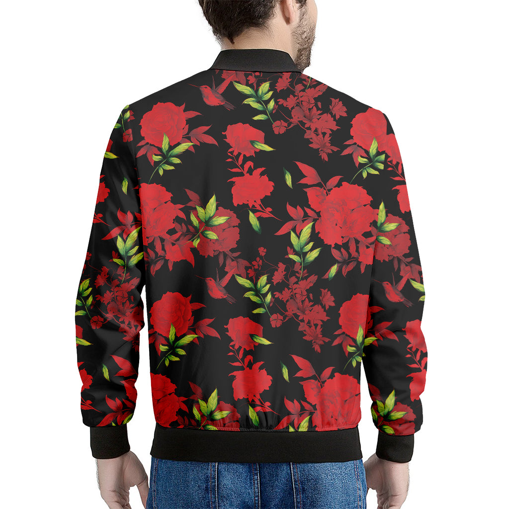 Black And Red Roses Floral Print Men's Bomber Jacket