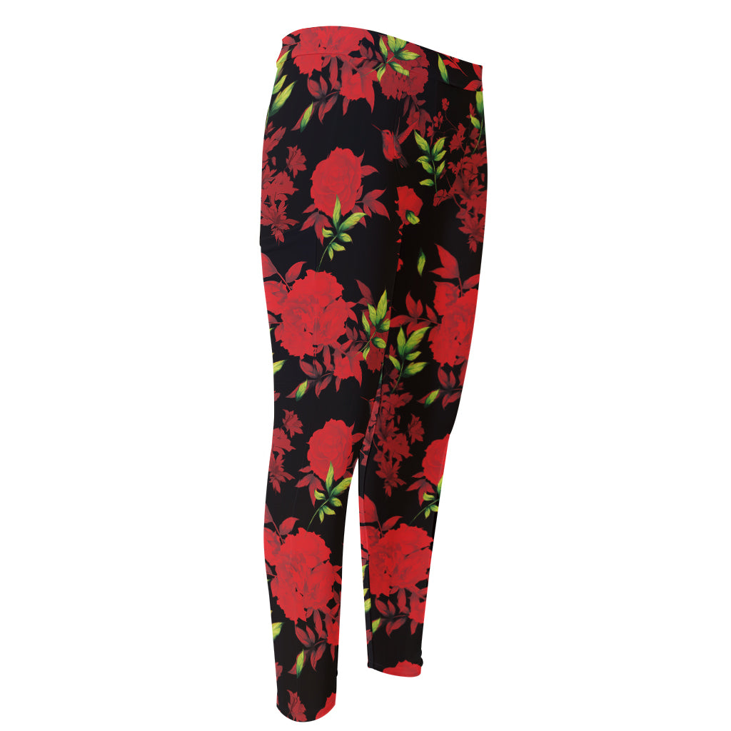 Black And Red Roses Floral Print Men's Compression Pants