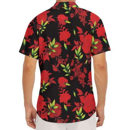 Black And Red Roses Floral Print Men's Deep V-Neck Shirt