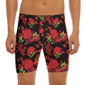 Black And Red Roses Floral Print Men's Long Boxer Briefs