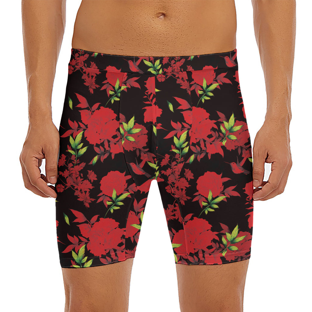 Black And Red Roses Floral Print Men's Long Boxer Briefs