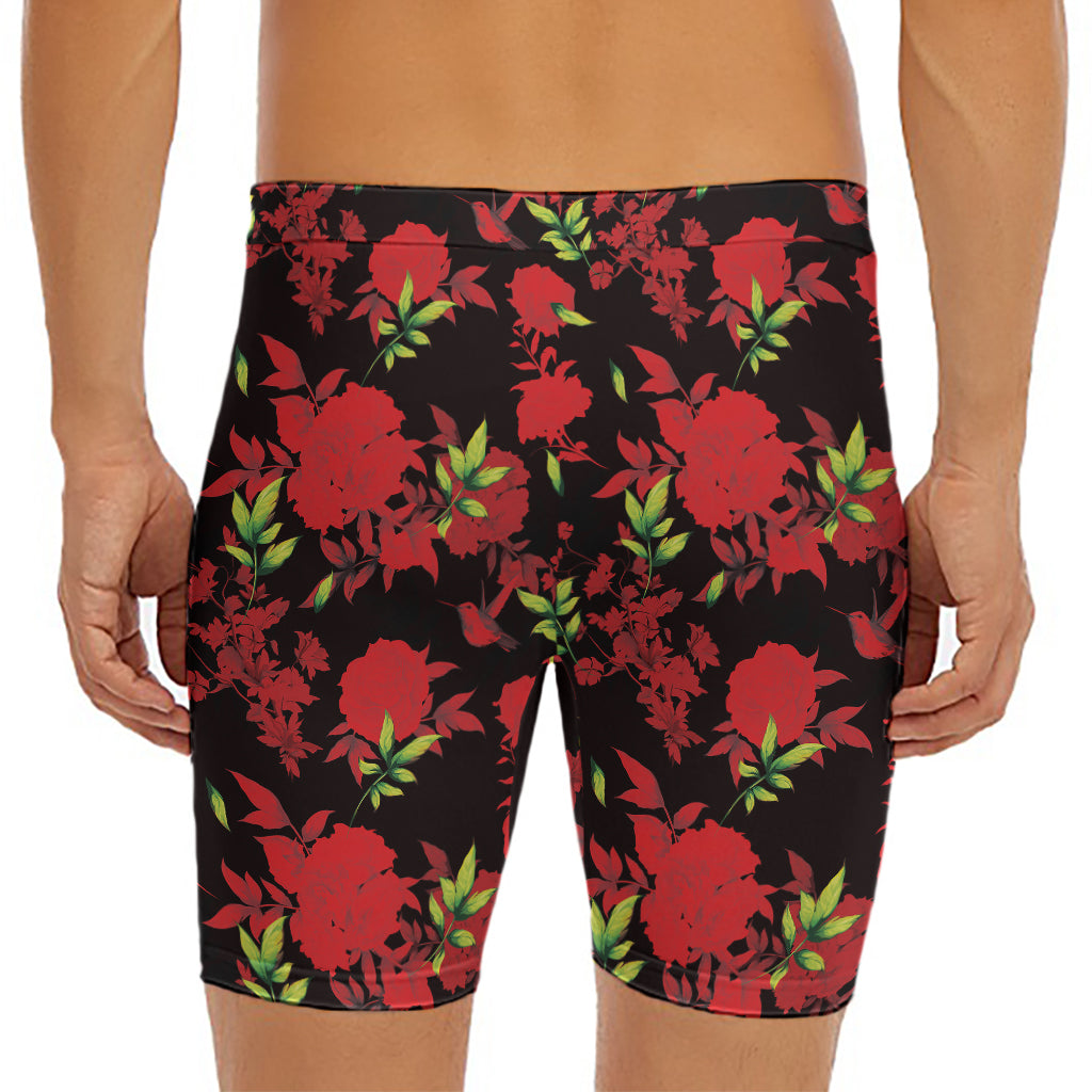 Black And Red Roses Floral Print Men's Long Boxer Briefs