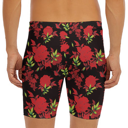 Black And Red Roses Floral Print Men's Long Boxer Briefs