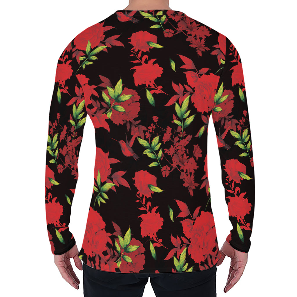 Black And Red Roses Floral Print Men's Long Sleeve T-Shirt