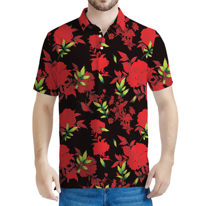 Black And Red Roses Floral Print Men's Polo Shirt