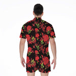 Black And Red Roses Floral Print Men's Rompers