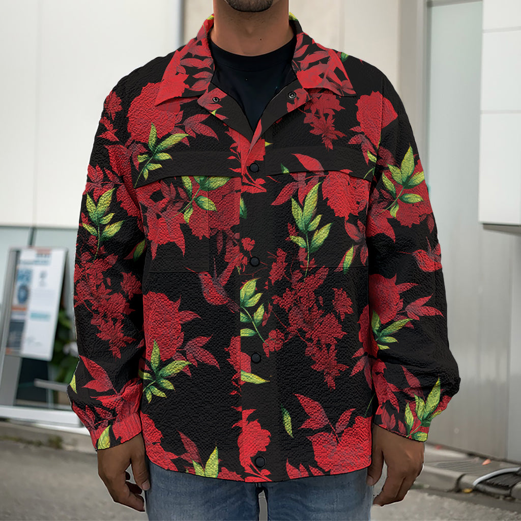 Black And Red Roses Floral Print Men's Shirt Jacket