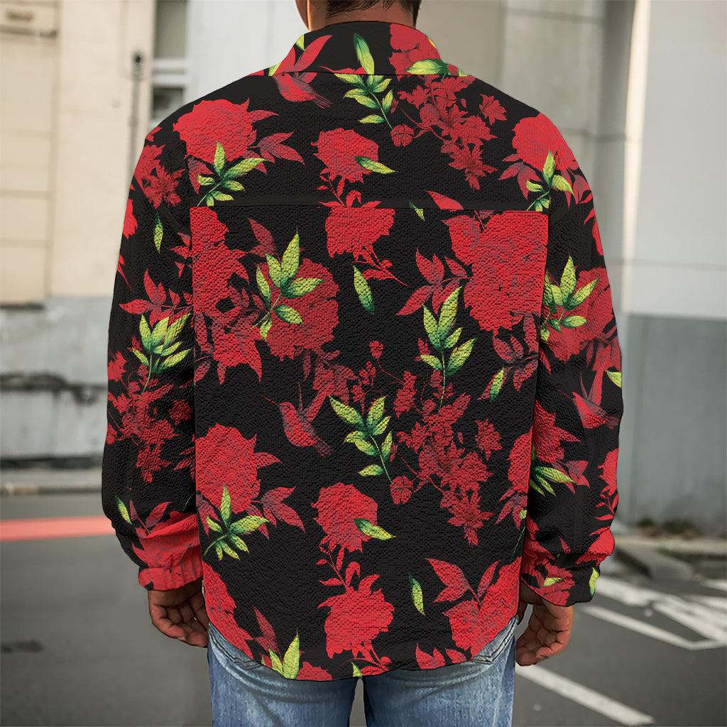 Black And Red Roses Floral Print Men's Shirt Jacket
