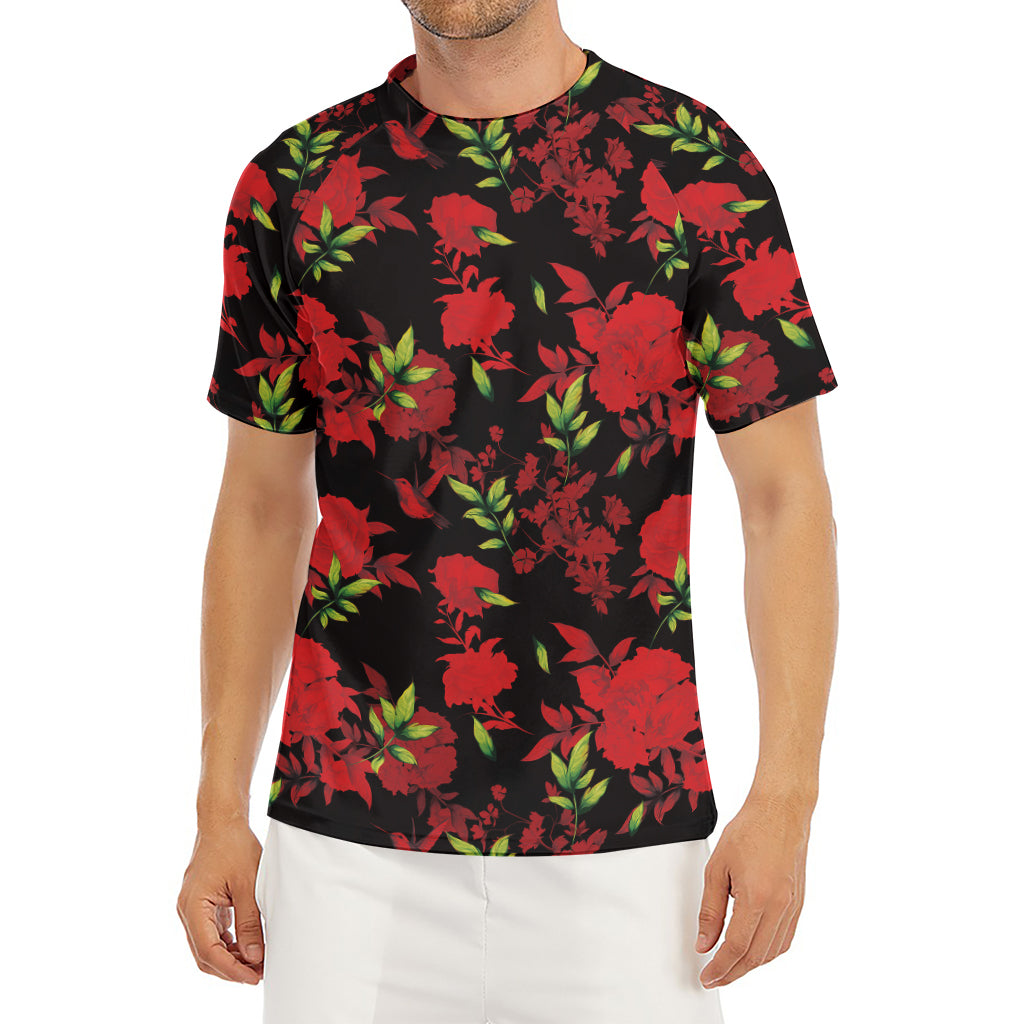 Black And Red Roses Floral Print Men's Short Sleeve Rash Guard